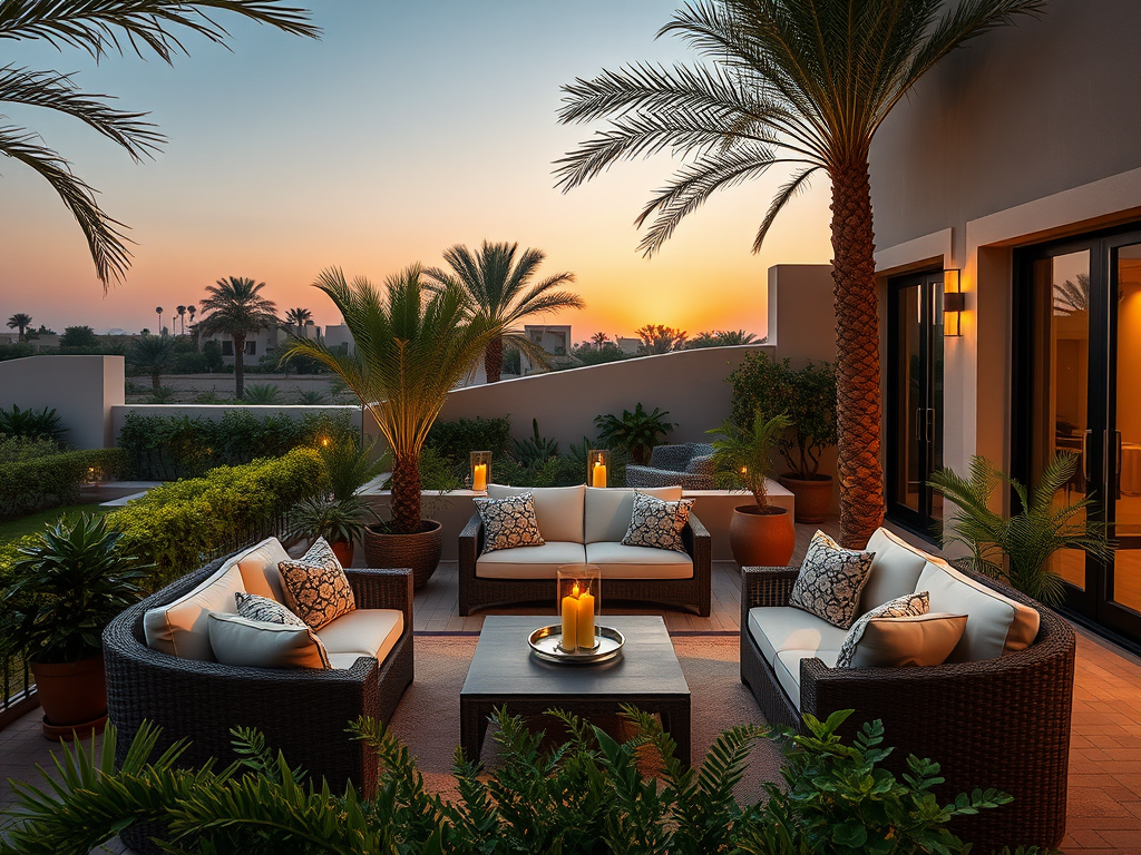 A stylish outdoor lounge area with palm trees, candles, and lush plants, set against a sunset backdrop.