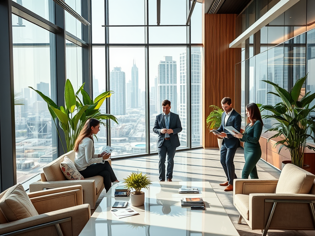 A group of professionals discusses ideas in a modern office with city views and indoor plants.