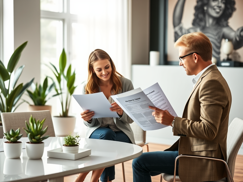 A woman and a man sit at a table, discussing papers in a bright office with plants around them.