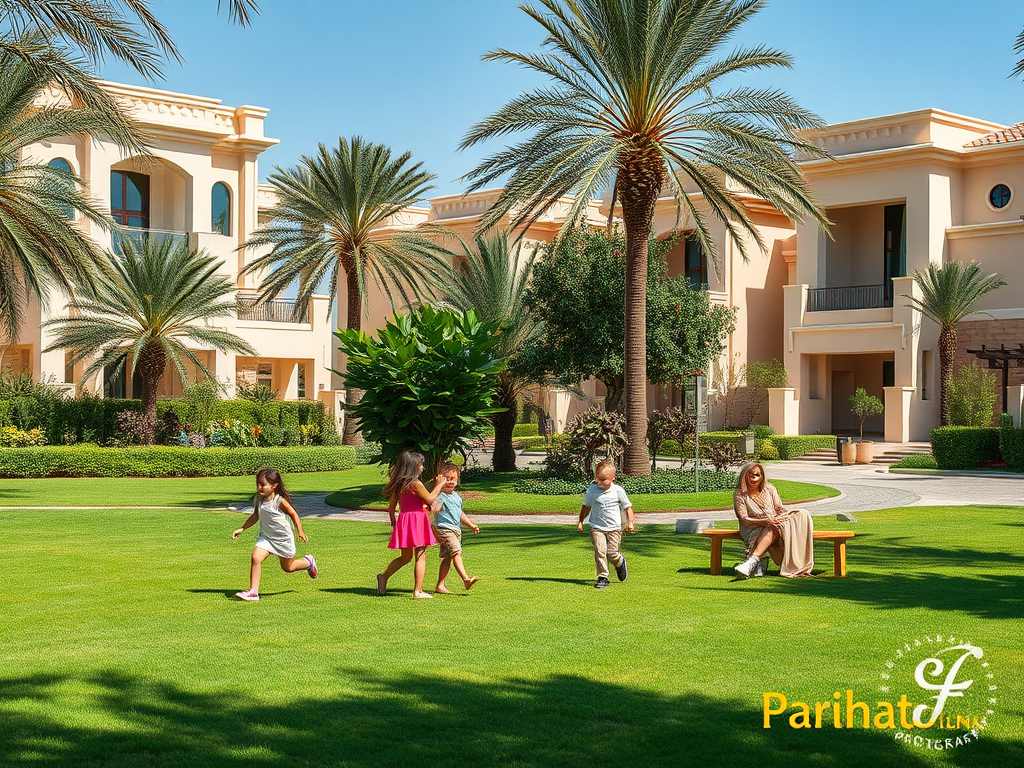 A woman sits on a bench while children play on a green lawn surrounded by palm trees and beautiful homes.