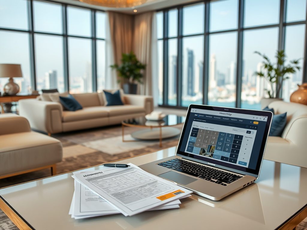 A modern workspace with a laptop on a table, papers, and a view of the city through large windows.